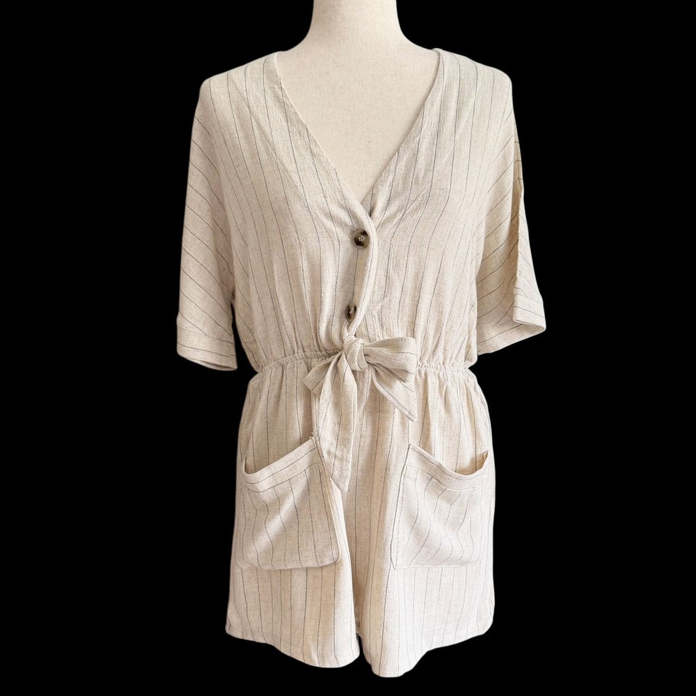 White Birch Beige Linen Blend Short Sleeve Romper S coastal grandmother beachy